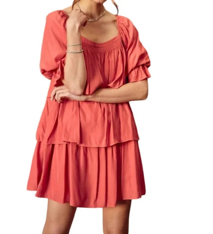 Amy Puff Sleeves Tiered Mini Dress In Clay