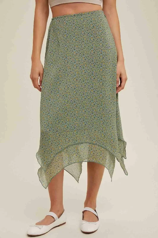 Floral Midi Skirt In Dark Sage/yellow