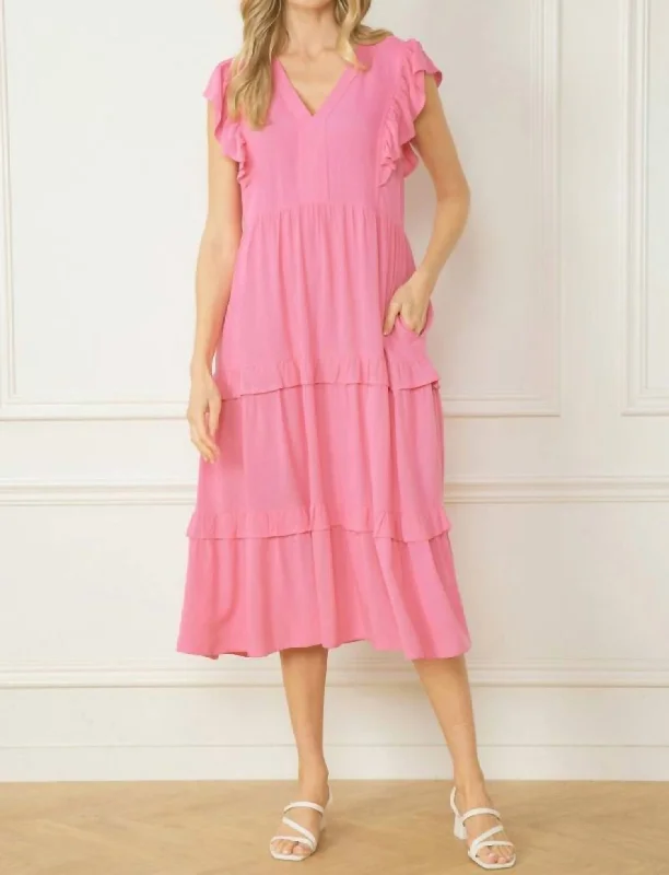 V-Neckline Midi Dress in Pink