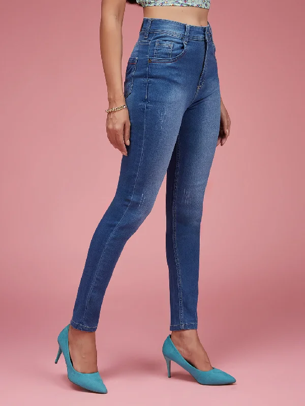 24/7 comfort Women's Blue Skinny Fit High Rise Clean Look Regular Length Twill Tape Detailing Scraped Stretchable Denim Jeans