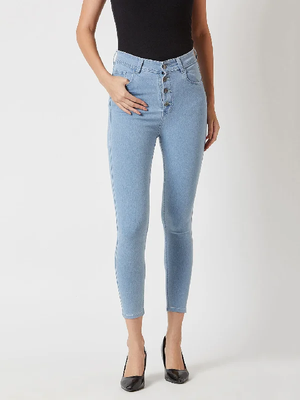 Women's Light Blue Skinny High-Rise Distressed Cropped Denim Jeans