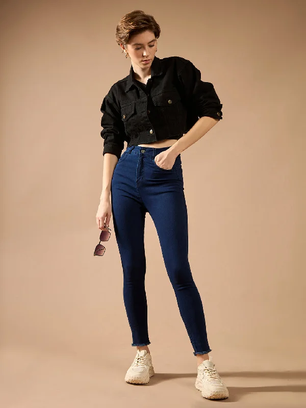 24/7 comfort Women's Navy Blue Skinny High Rise Solid Clean Look Cropped Fringed Hemline Stretchable Denim Jeans