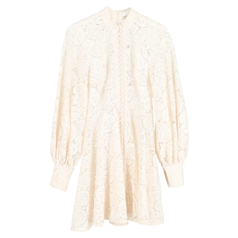 Zimmermann Lace Mini Button-Down Long Sleeve Dress in Cream Polyester