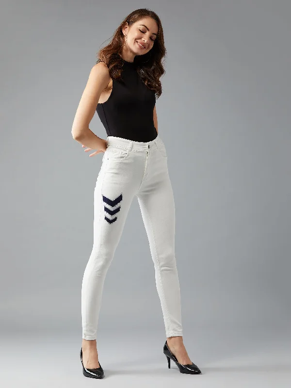 Women's White Skinny Fit High Rise Clean Look Patchwork Detailing Regular Length Stretchable Denim Jeans