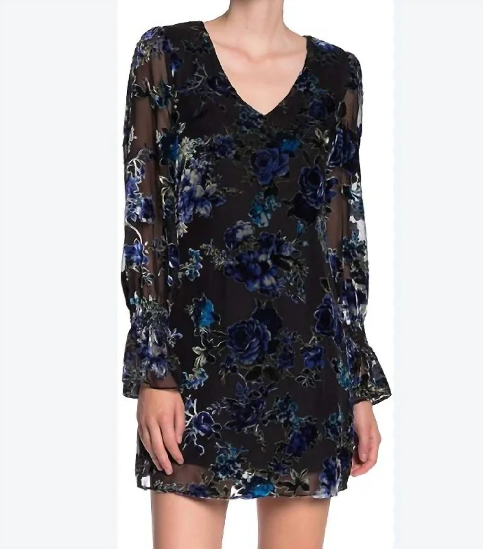 Segal Rose Burnout Velvet Mini Dress In Black/blue