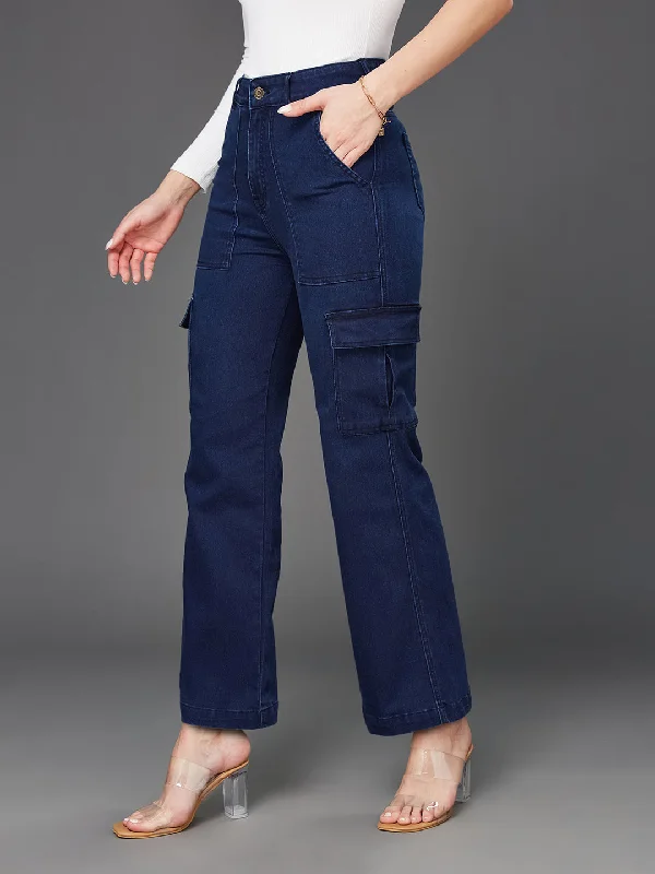 24/7 Comfort Women's Navy Blue Wide-Leg High-Rise Clean-Look Regular-Length Stretchable Denim Cargo Jeans