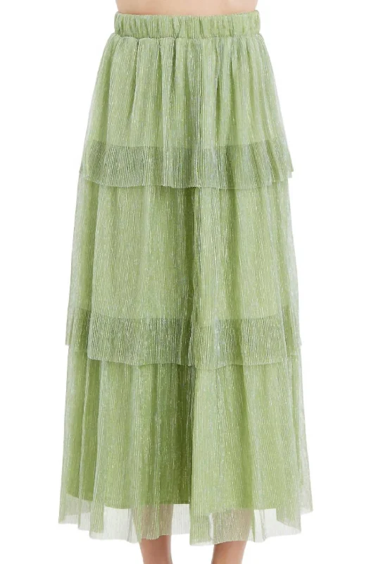 Cara Metallic Plisse Maxi Skirt In Light Sage Green Color