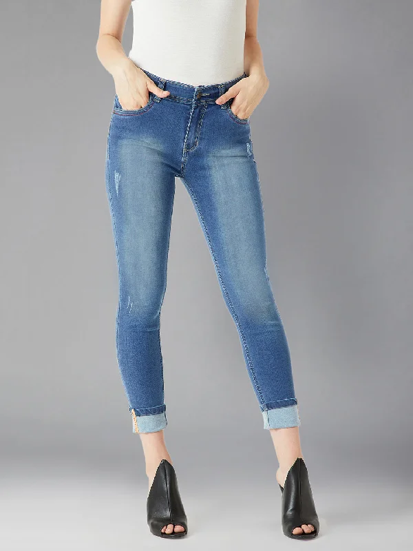 Women's Blue Skinny Fit High Rise Clean Look Regular Length Twill Tape Detailing Scraped Stretchable Denim Jeans