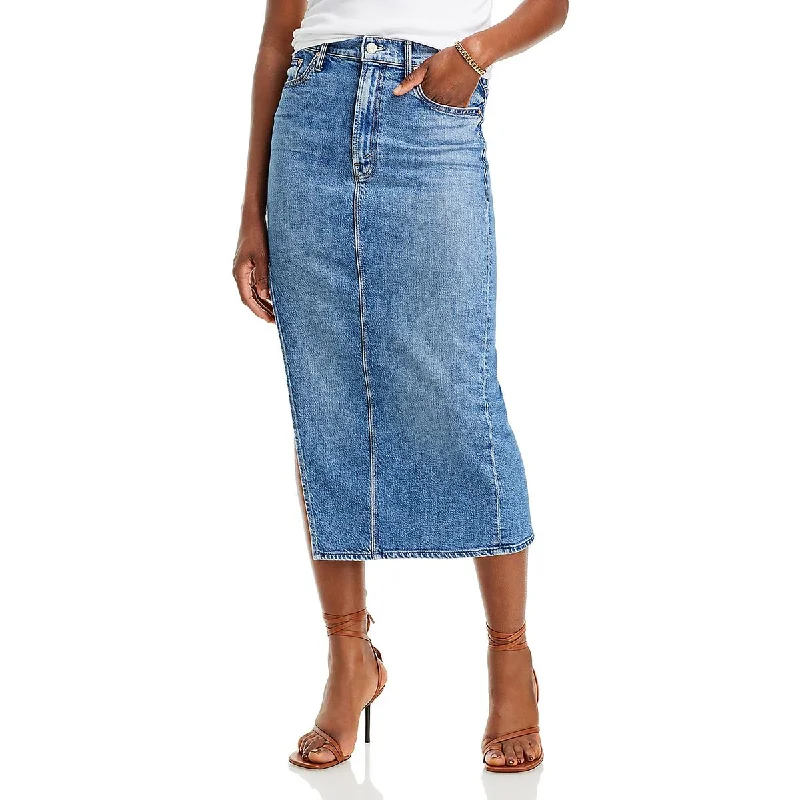 The Split Second Womens Denim Medium Wash Midi Skirt