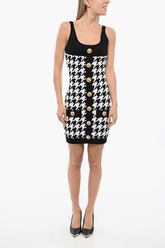 Balmain Hounstooth Knitted Minidress With Logoed Buttons