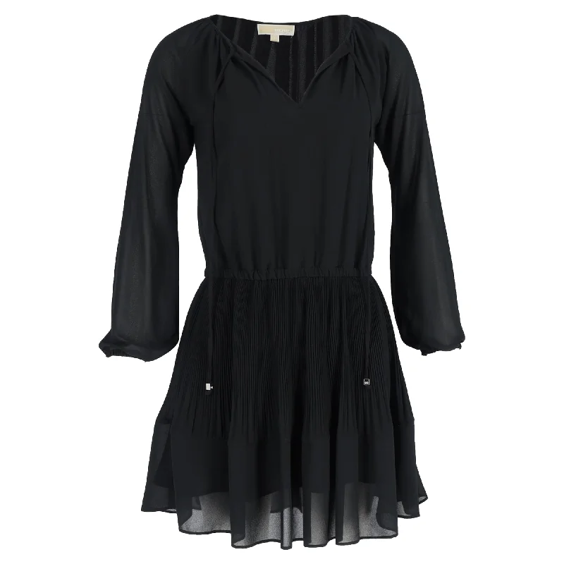 Michael Kors Pleated Mini Long Sleeve Dress in Black Polyester