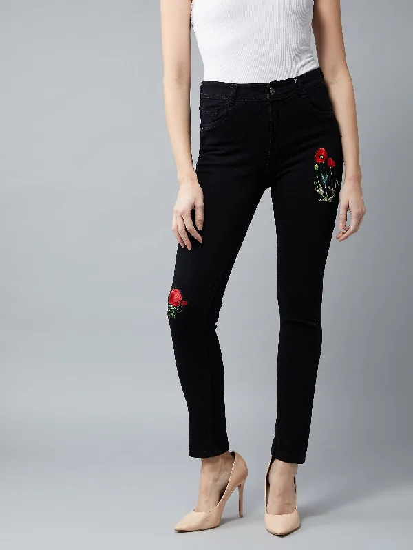 Women's Black Slim Fit High Rise Regular Length Applique Detailing Denim Jeans