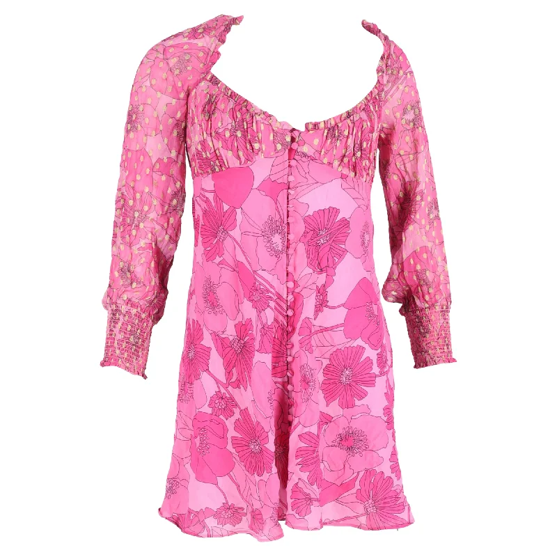 Rixo Fara Floral Print Mini Long Sleeve Dress in Pink Viscose