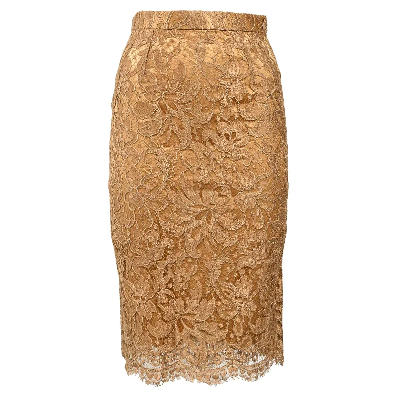 Dolce & Gabbana Lace Detail Midi Pencil Skirt in Brown Viscose