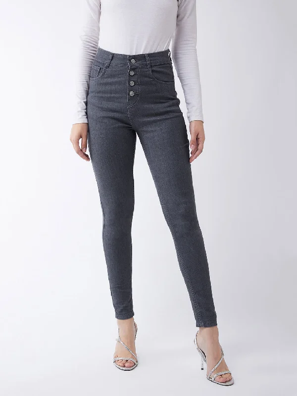 Women's Grey Skinny High Rise Clean Look Regular Length Stretchable Denim Jeans Pant