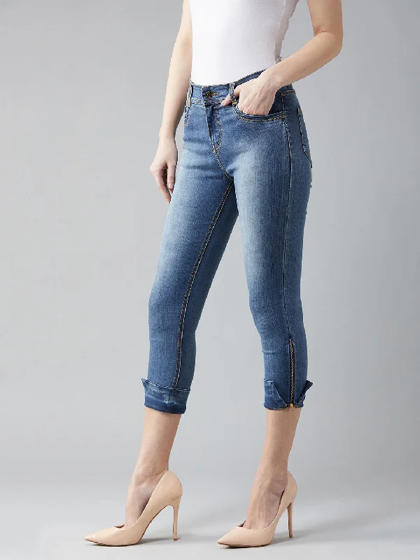 24/7 comfort Women's Blue Skinny Fit High Rise Ankle Length Acid Wash Blast Effect Denim Stretchable Jeans