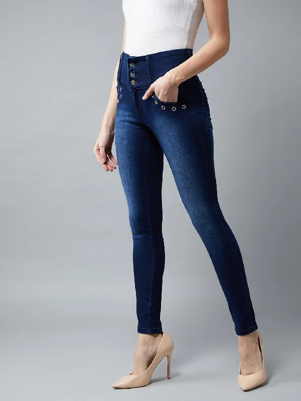 Women's Navy Blue Skinny Fit High Rise Regular Length Stretchable Denim Pants