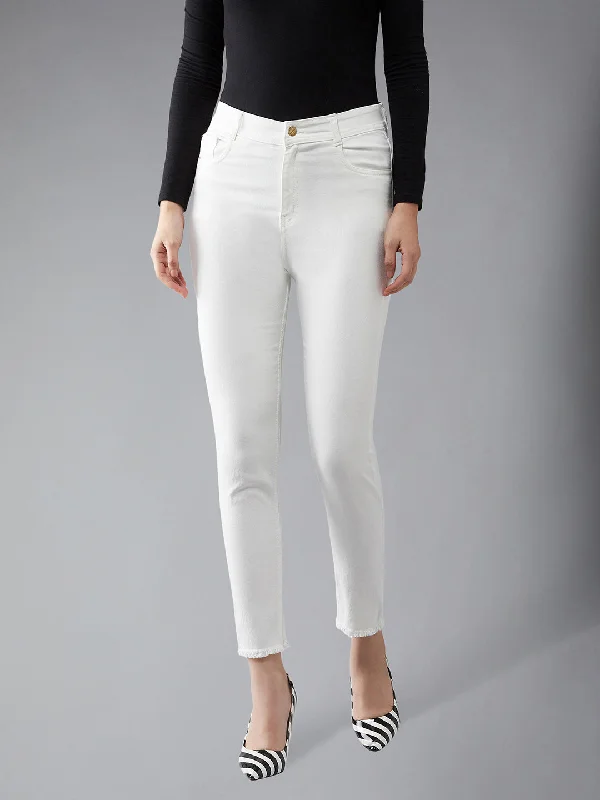 Women's White Skinny Fit High Rise Clean Look Cropped Bleached Raw Edge Detailing Stretchable Denim Jeans