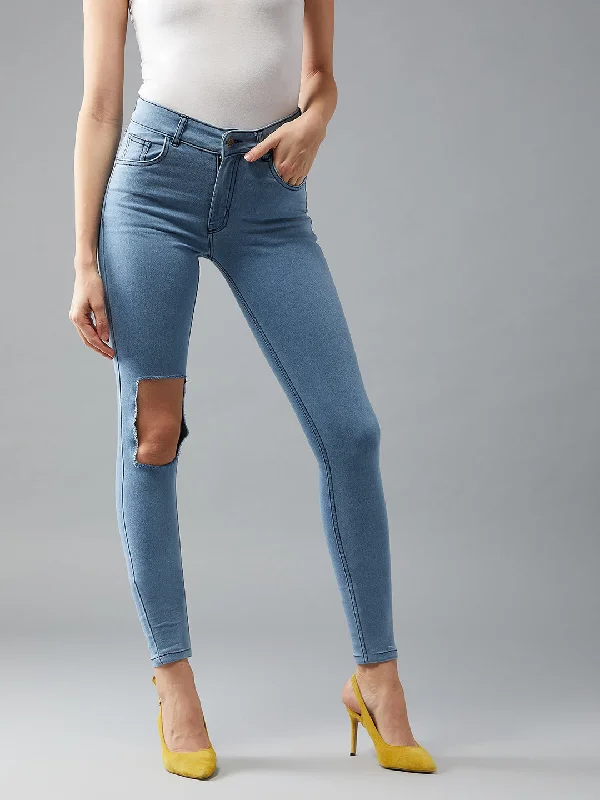 Women's Light Blue Skinny Mid Rise Clean Look knee Cut-out detailing Regular length Stretchable Denim Jeans