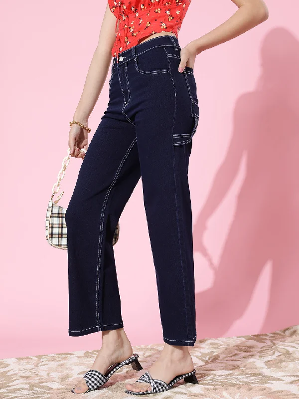 24/7 Comfort Women's Navy Blue Wide Leg High rise Stretchable Denim Jeans