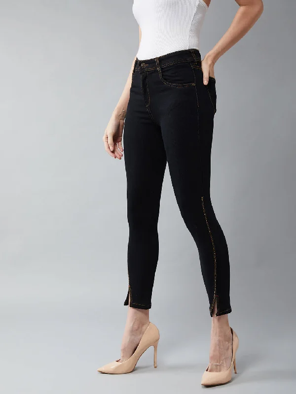 Women's Black Embellished Skinny High Rise Side Slit Solid Cropped Length Stretchable Denim Jeans