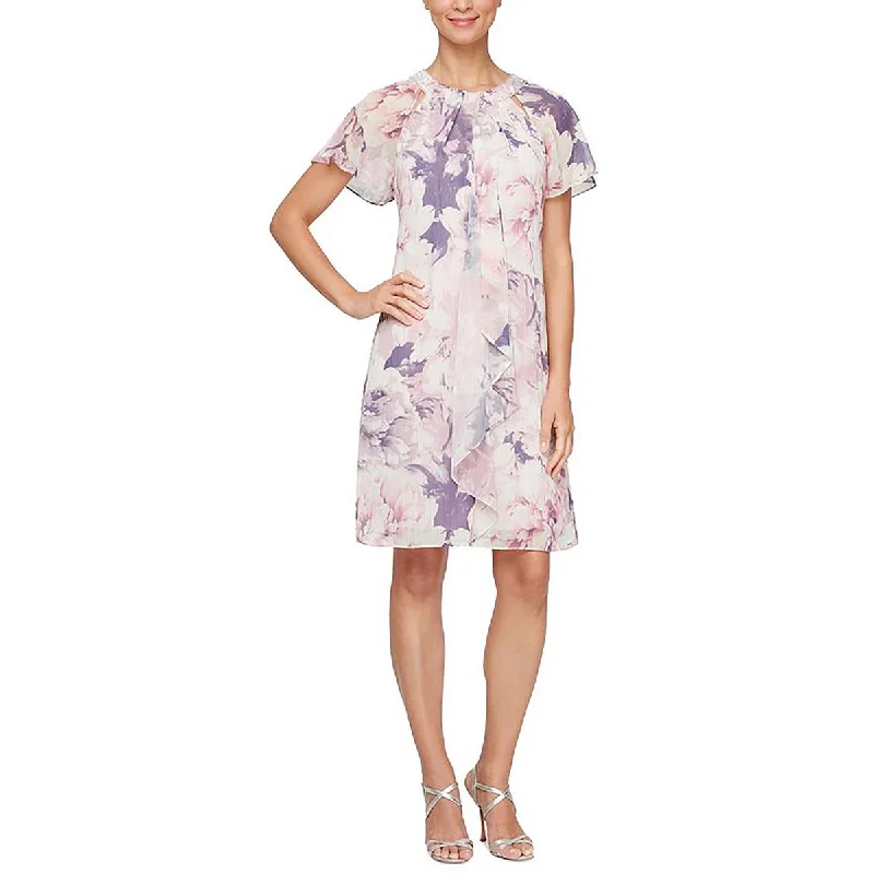 Womens Floral Print Embellished Neckline Mini Dress