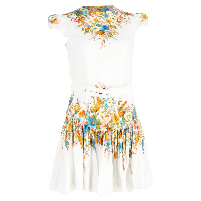 Zimmermann Estelle Floral Print Mini Belted Flared Dress in Multicolor Linen