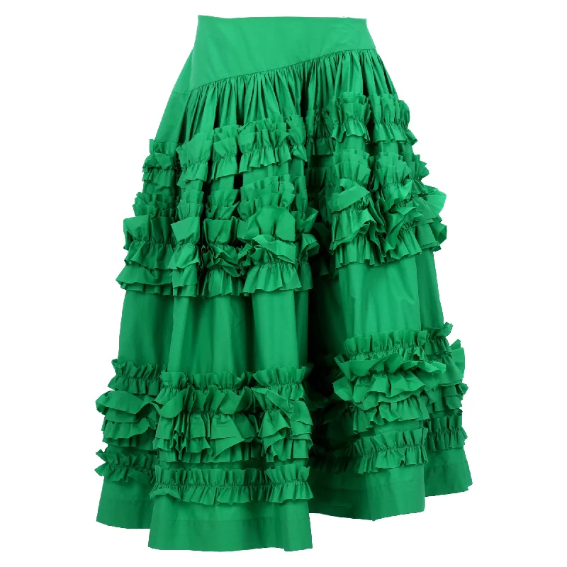 Molly Goddard Ruffled Midi Skirt in Green Cotton