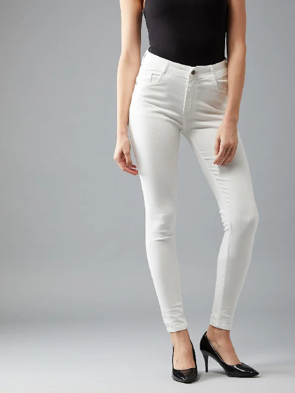 Women's White Skinny Mid Rise Clean Look Bleached Regular Length Stretchable Denim Jeans