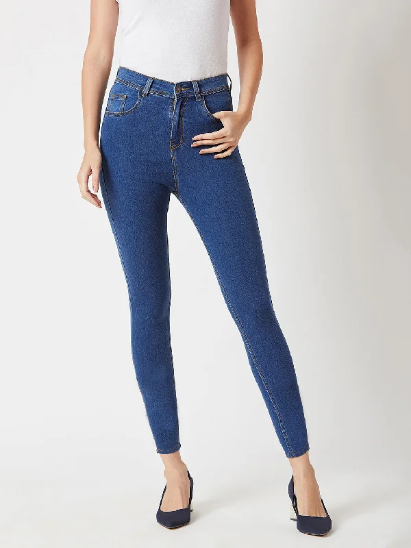 Women's Blue Skinny High-Rise Distressed Cropped Denim Jeans