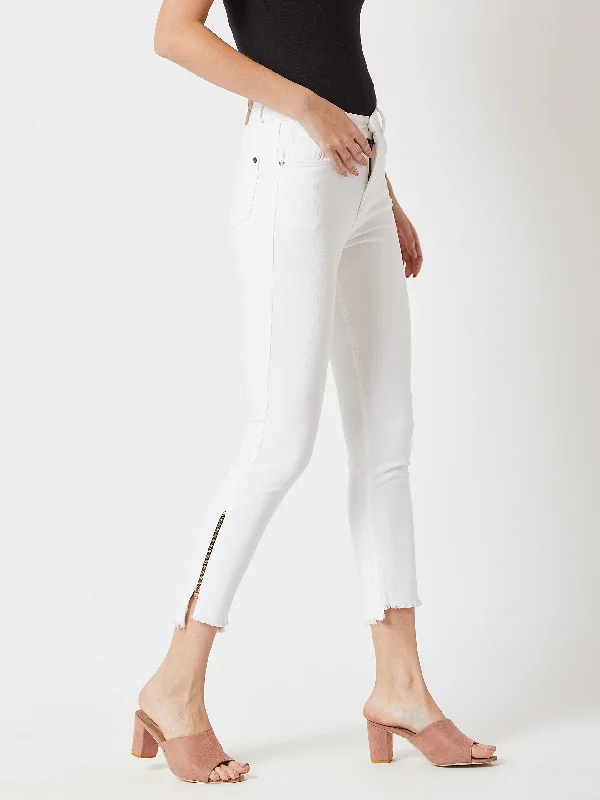 Women's White Skinny Fit High Rise Side Slit Raw Edge Cropped Stretchable Denim Jeans