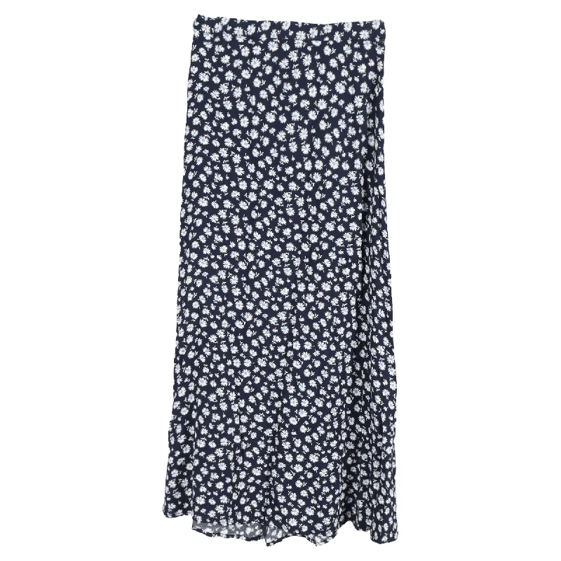 Reformation Zoe Floral Printed Side Slit Midi Skirt in Navy Blue Viscose