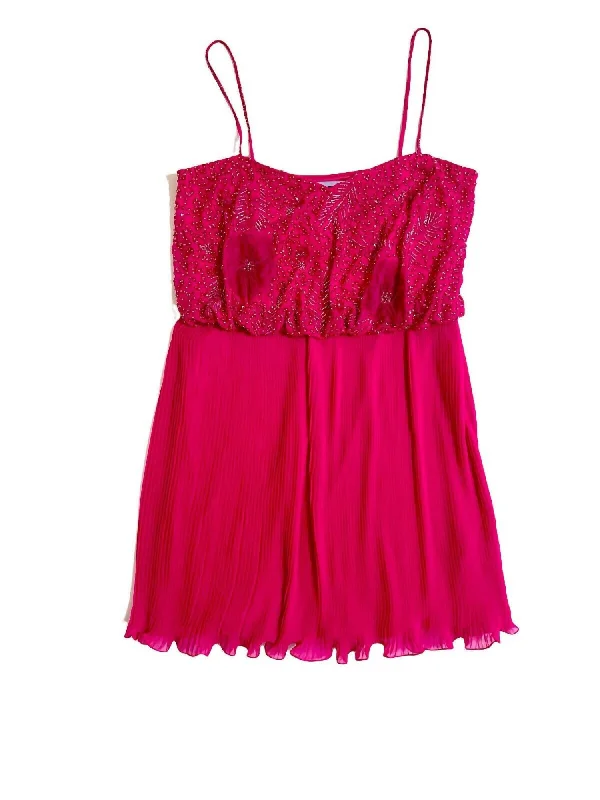 Women's Beaded Chiffon Mini Pleated Prom Dress In Fuchsia Pink