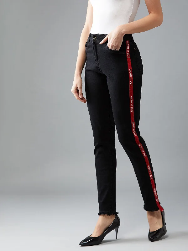 Women's Black Slim Fit High Rise Mildly Distress Regular Length Printed Twill Tape Detailing Stretchable Denim Jeans