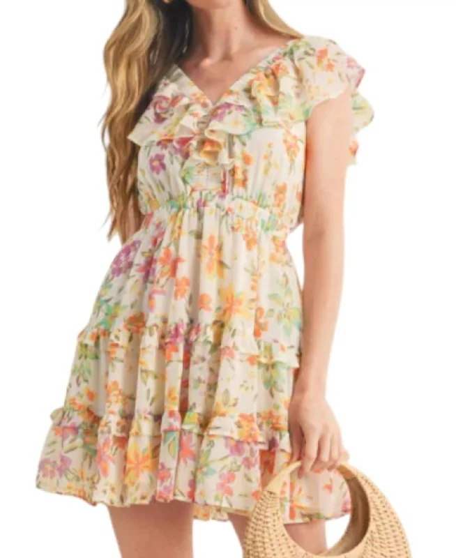 Floral Smocked Mini Dress In Ivory/pink