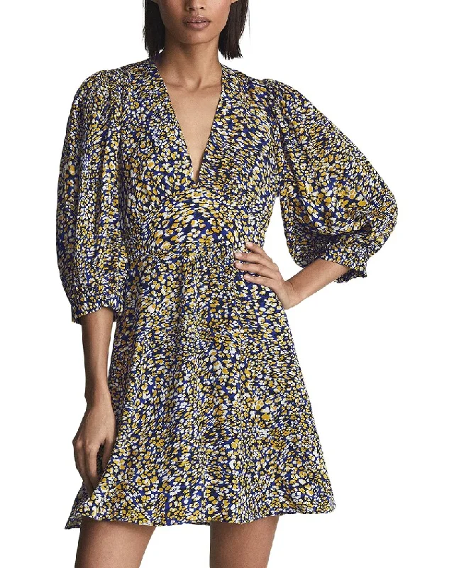 Reiss Daisy Deep V Puff Sleeve Print Mini Dress