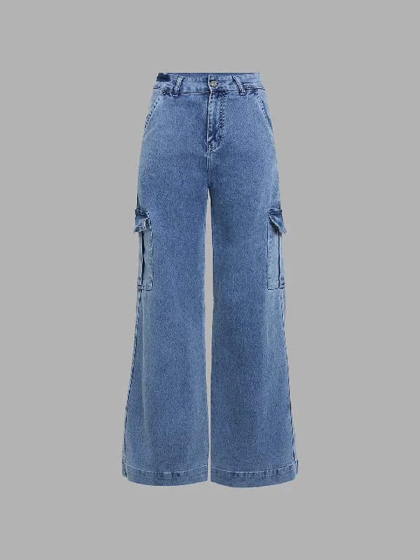 24/7 comfort Women's Light Blue Wide-Leg High-Rise Clean-Look Regular-Length Stretchable Flared Cargo Style Denim Jeans