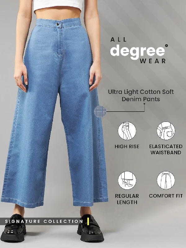 Women's Blue Flared Wide-Leg High Rise Non Stretchable Culottes Pants