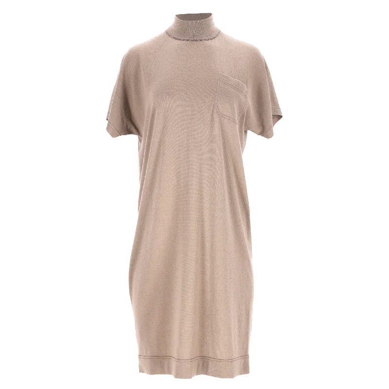 Brunello Cucinelli Short Sleeve Mini Dress in Beige Wool