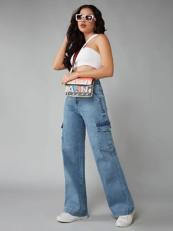 Women's Light Blue Wide-Leg High-Rise Clean-Look Regular-Length Stretchable Flared Cargo Style Denim Jeans