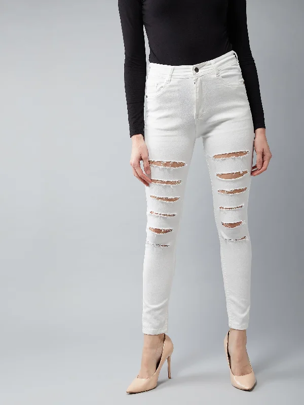 Women's White Skinny High Rise Ripped Regular length Stretchable Denim Jeans