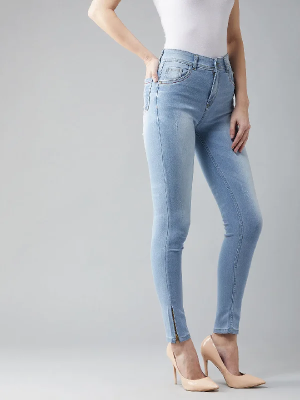 24/7 comfort Women's Blue Skinny Fit High Rise Clean Look Regular Length Zipper Detailing Scraped Stretchable Denim Jeans