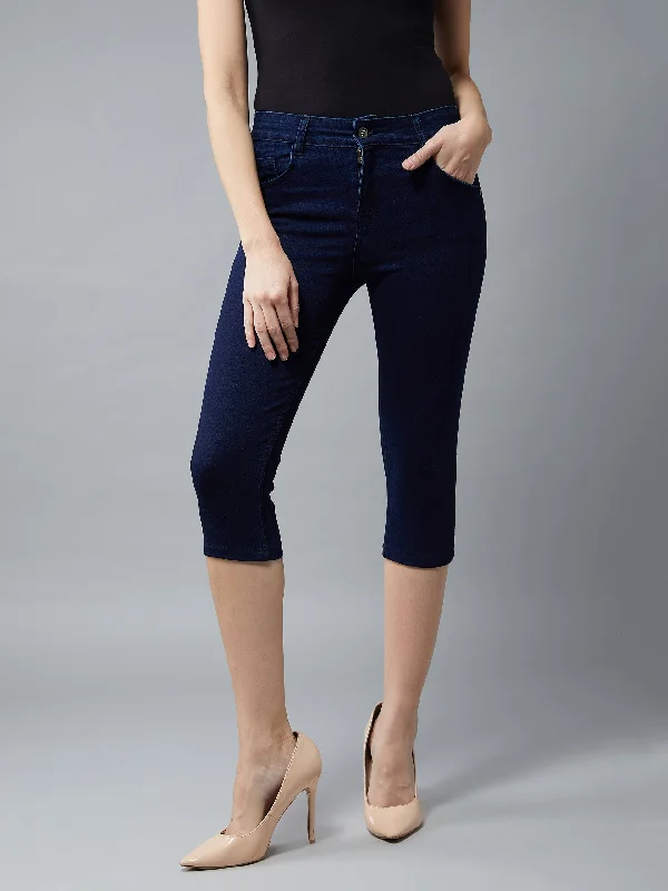 Women's Navy Blue Skinny Fit High Rise Cropped Length Clean Look Denim Stretchable Capri Jeans