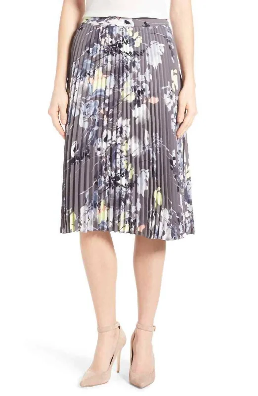 Floral Print Pleated Midi Skirt In Gray