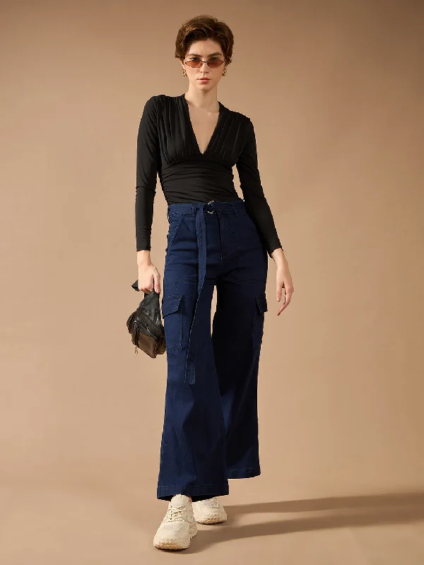 Women's Navy Blue Wide leg High rise Clean Look Regular Stretchable Cargo Denim Jeans