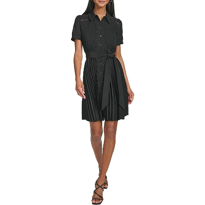 Womens Pleated Lace-Trim Mini Dress