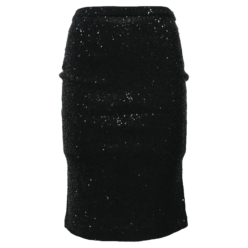 Oscar De La Renta Knitted Sequined Midi Fitted Skirt in Black Wool