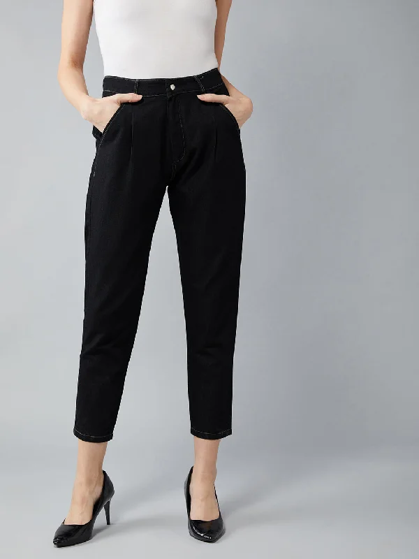 Women's Black Regular High Rise Clean Look Cropped Denim Pant