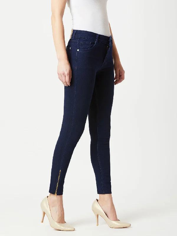 Women's Navy Blue Skinny Fit Mid Rise Cropped Length Zipper Detailing Denim Stretchable Jeans