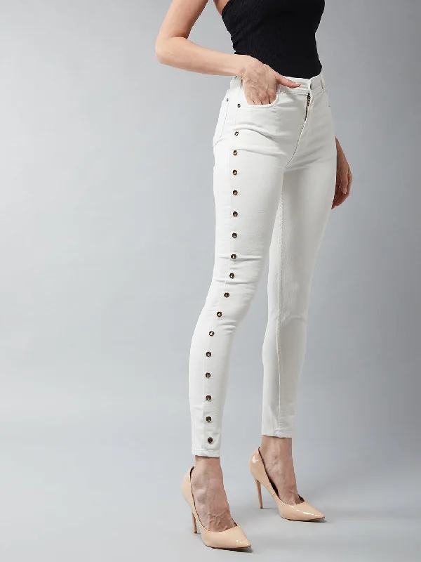 Women's White Skinny High Rise Clean Look Eyelet detailing Regular length Stretchable Denim Jeans